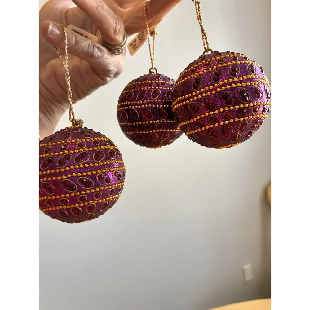 NWT Pier 1 Purple Jeweled Beaded Xmas Ornaments GEMS Gold Mardi Gras VTG Lot 3